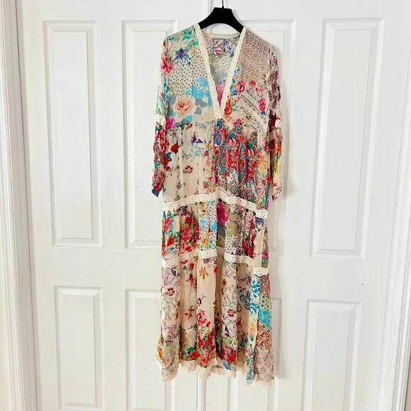 $445 NWOT Johnny Was MILANA Lace Trim FLORAL Maxi Dress Women Size S Long Sleeve